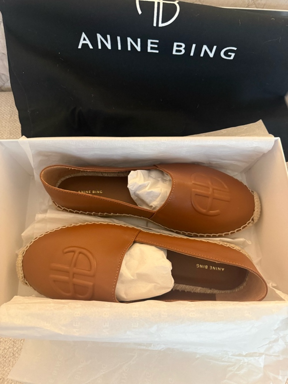 Anine Bing Paloma Logo-Embossed Espadrilles in Tan Leather